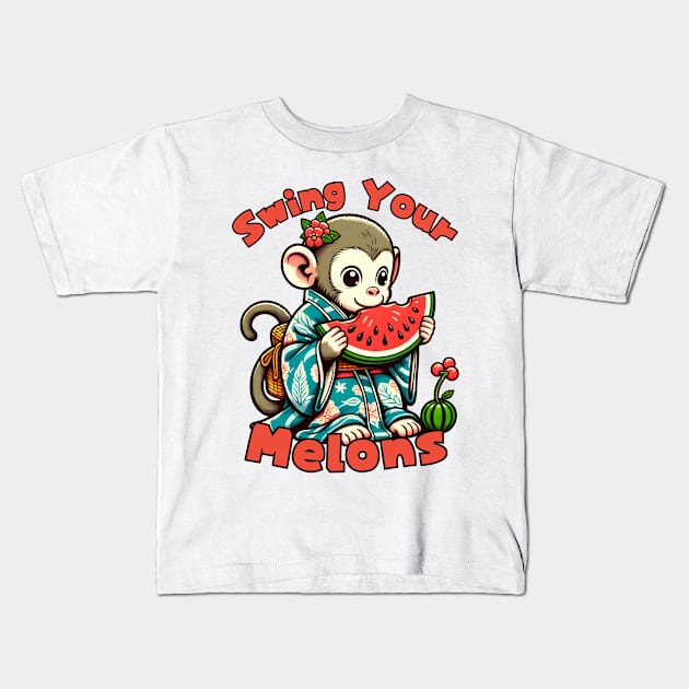 Watermelon monkey Kids T-Shirt by Japanese Fever